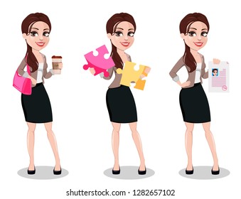 Business woman in casual clothes, set of three poses. Beautiful businesswoman cartoon character holds coffee, holds two pieces of puzzle and holds signed document. Vector illustration