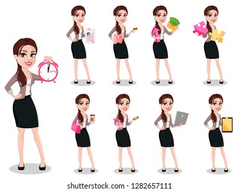 Business woman in casual clothes, set of nine poses. Beautiful businesswoman cartoon character. Vector illustration. 