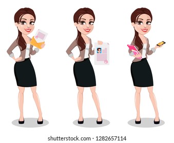 Business woman in casual clothes, set of three poses. Beautiful businesswoman cartoon character holds envelope with document, holds signed document and holds smartphone. Vector illustration