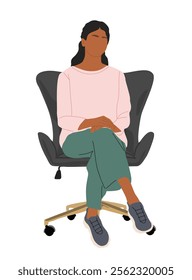 Business woman in casual clothes sitting on office chair. Pretty girl flat vector illustration isolated on white background