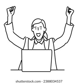 business woman celebrate with laptop on her desk  in black and white line art vector illustration