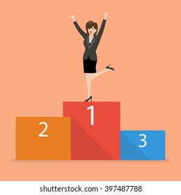 Business woman celebrates on winning podium. Business concept