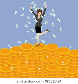 Business woman celebrating on Money. Business Success Concept