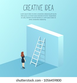 Business woman challenge concept with big wall and ladder. Business woman standing in front, symbol for career growth, finding creative solution. Vector illustration.