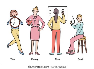 Business woman character about time, money, planning, break. hand drawn style vector design illustrations. 