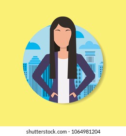 business woman character avatar with city background