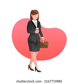 Business Woman character carry a coffee cup while hold suitcase in flat design style. Dressed in Tuxedo. Vector illustration.