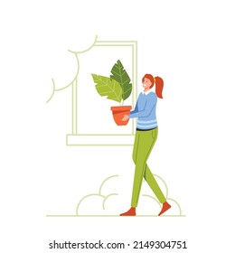 Business Woman Character Carry Green Potted Plant, Manager Working in Modern Office with Biophilic Design. Eco Friendly Environment with Plants Eco Technologies for Work. Cartoon Vector Illustration
