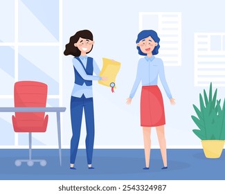 Business Woman Character with Certificate Vector Illustration