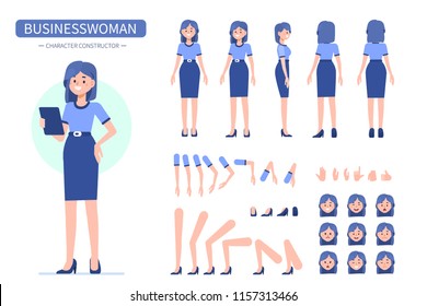 Business woman character constructor for animation. Front, side and back view. Flat style vector illustration isolated on white background.