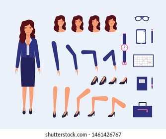 Business woman character constructor for animation. Flat vector illustration on white background. Visualization of attributes of a business woman, a diary and a pen, a planning calendar.