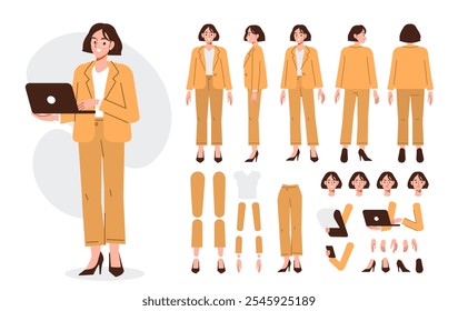 Business woman character constructor for animation. Front, side and back view set. Body parts, postures, poses collection. Vector illustration.