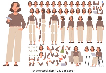 Business woman character constructor. CEO or company manager. Set of different positions of arms legs body and head for creating animation and your own illustrations. DIY kit. Vector illustration