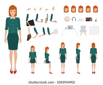 Business woman character constructor for different poses. Set of various women's faces. Illustration vector isolated on white background.