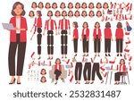 Business woman character constructor. Female manager. Set of different body, arm, leg and head positions, many emotions to create animation or own illustrations. DIY kit. Vector illustration