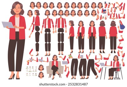 Business woman character constructor. Female manager. Set of different body, arm, leg and head positions, many emotions to create animation or own illustrations. DIY kit. Vector illustration