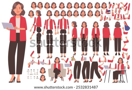 Business woman character constructor. Female manager. Set of different body, arm, leg and head positions, many emotions to create animation or own illustrations. DIY kit. Vector illustration