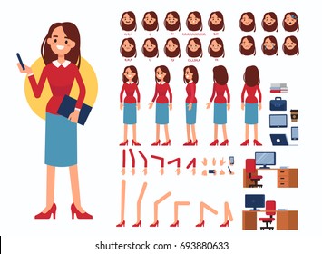 
Business woman character constructor and office objects for animation.  Set of various women's poses, faces, mouth, hands, legs. Flat style vector illustration isolated on white background.