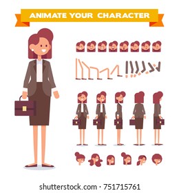 Business woman character constructor with various views, hairstyles, face emotions, poses.Front, side, back, 3/4 view. Cartoon style, flat vector illustration.