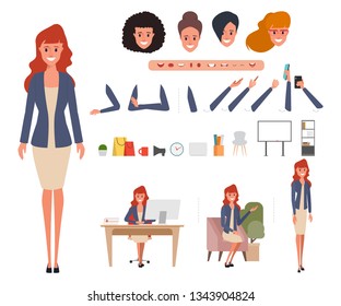 Business woman character creation for animation. Animated face emotion and mouth and hair. Set of business woman doing job.