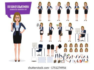 Business Woman Character Creation Kit Vector Set. Businesswoman Characters Create Editable Face, Hand And Body Movement For Office Sales Employee With Isolated Body Parts. Vector Illustration. 