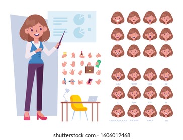 Business woman character creation set with various face emotions, gestures and lip sync. Office worker woman. Business presentation. Flat style vector character for animation.
