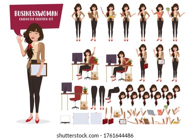 Business woman character creation vector set. Businesswoman female characters editable create face and body parts movement for demo presentation collection design. Vector illustration 