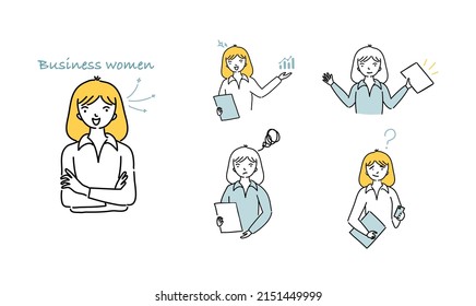 Business woman character design collection. Professional female in each posture. Vector illustration.
