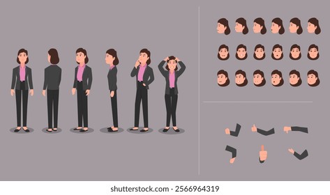 A business woman character design model sheet with different poses and expressions. Vector illustration