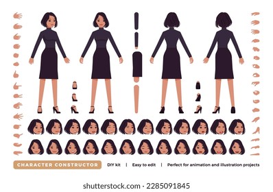 Business woman character DIY constructor. Office girl figure parts. Head, leg, hand gestures, female manager different emotions. Vector flat style cartoon construction kit isolated on white background