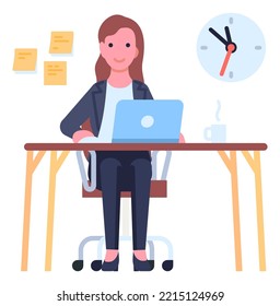 Business woman character. Female clerk working with laptop. Office workplace. Employee in formal wear. Businesswoman sitting at table. Note papers and clock dial. Vector