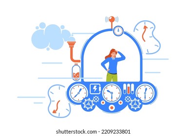 Business Woman Character Flying In Time Machine Cockpit Looking Ahead. Concept of Teleportation To the Future Or Past for Changing History And Finding Solutions. Cartoon People Vector Illustration