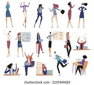 Business Woman Character in Formal Suit Busy with Different Daily Routine Big Vector Set