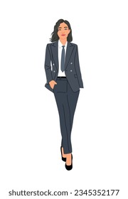 Business woman character in formal suit and tie standing front view. Pretty girl business lady boss wearing fashionable office outfit. Vector realistic illustration isolated on white background