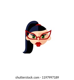 Business Woman character with green eyes looking serious. Female character head with black straight hair. Mascot, avatar or game persona of a young woman. Face of a lady in red glasses