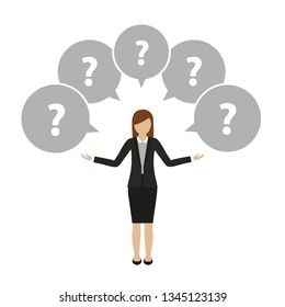 business woman character has many questions isolated on white background vector illustration EPS10