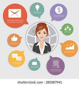 business woman character with info graphic and icon at work