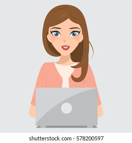 business woman character in job at office work with laptop. people character vector design. customer service support.