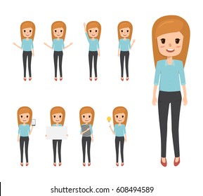business woman character in job. people office work vector flat design. set of presentation pose.