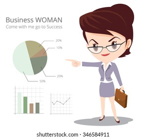 Business woman character look so smart pointing graph go to success. cartoon character.Businesswoman isolated.