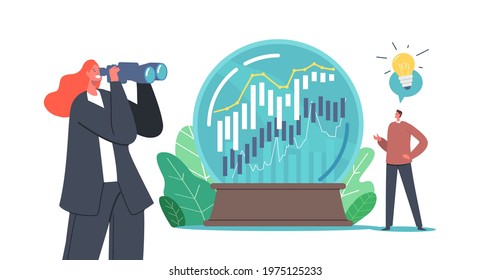 Business Woman Character Looking In Binoculars On Crystal Globe With Financial Point And Dragging Graph Growth. Profit, Market Trend Prediction, Success, Grow Up, Turnover. Cartoon Vector Illustration