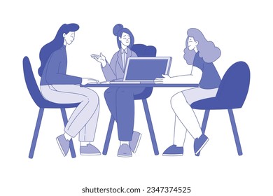 Business Woman Character Meeting at Table Brainstorming and Discuss Deal Vector Illustration