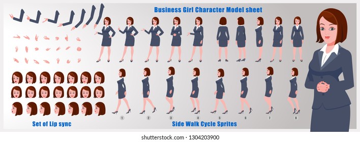 Business Woman Character Model Sheet With Walk Cycle Animation. People Character Design. Front, Side, Back View Animated Character. Character Creation Set With Various Views, Face Emotions,poses.