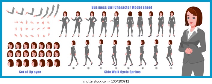 Business Woman Character Model Sheet With Walk Cycle Animation People Character Design. Front, Side, Back View Animated Character. Character Creation Set With Various Views, Face Emotions,poses.