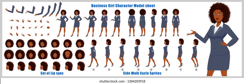 Business Woman Character Model Sheet With Walk Cycle Animation. Character Design. Front, Side, Back View Animated Character. Character Creation Set With Various Views, Face Emotions,poses And Gestures