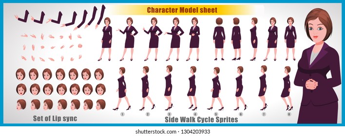 Business Woman Character Model Sheet With Walk Cycle Animation. Flat Character Design. Front, Side, Back View Animated Character. Character Creation Set With Various Views, Face Emotions And Poses.