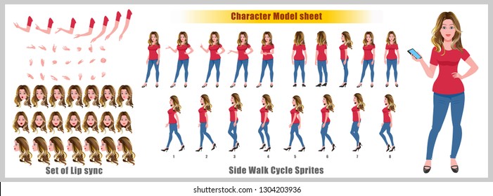 Business Woman Character Model Sheet With Walk Cycle Animation. Flat Character Design. Front, Side, Back View Animated Character. Character Creation Set With Various Views, Face Emotions And Poses.