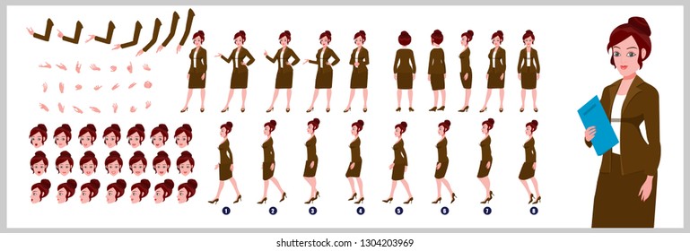 Business Woman Character Model Sheet With Walk Cycle Animation Flat Character Design. Front, Side, Back View Animated Character. Character Creation Set With Various Views, Face Emotions And Poses.