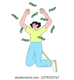 Business woman or character with money. Happy successfull employee jump happily among cash or paper money. Financial well-being and stability. Person satisfied with her salary and financial wealth.