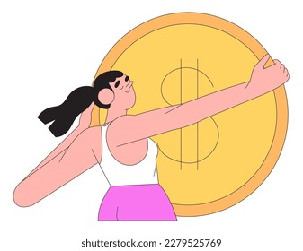 Business woman or character with money. Happy successfull employee with big gold coin. Financial well-being and stability. Person satisfied with her salary and financial wealth or being rich. 